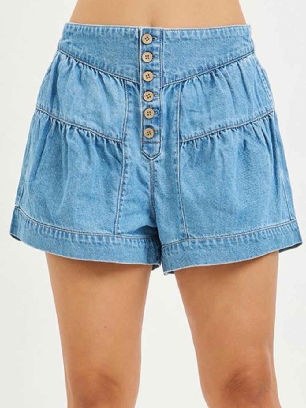 Button-Front Light Blue Denim High-Rise Women's Shorts